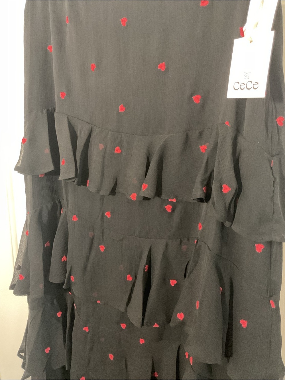 CeCe Black Tiered Ruffle Midi Skirt Red Heart Print Size 10 Romantic NWT - Picture 9 of 11